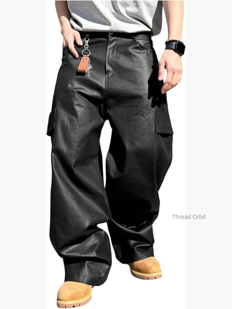 Faux Leather Cargo Pants Y2k Wide Leg Baggy Trousers Straight Leg With Pockets